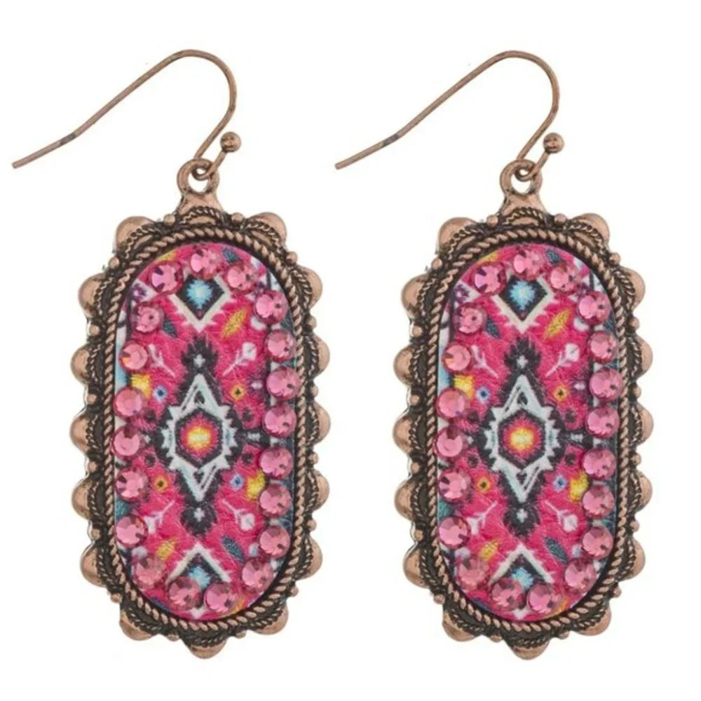 Boutique western boho rodeo ready Metal oblong earrings- pink